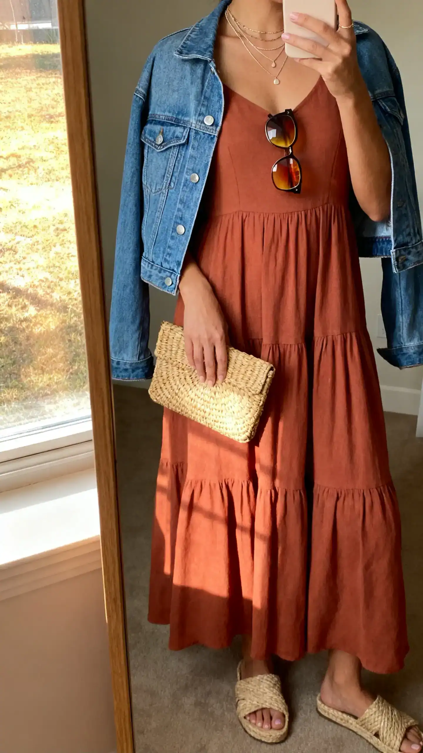 iPhone mirror selfie of a woman wearing a tiered maxi dress in clay, raffia slides, a raffia clutch, oversized gradient-lens sunglasses, layered delicate necklaces, and a cropped denim jacket draped over shoulders, face not visible, full-length mirror near window, late-afternoon natural light, iPhone photo quality.