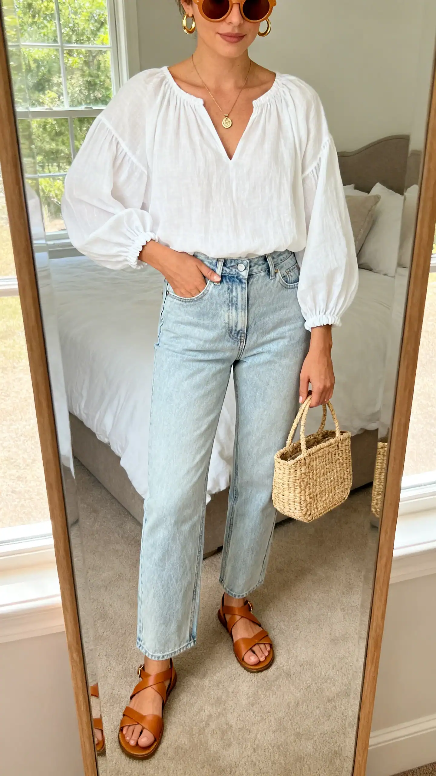 iPhone mirror selfie of a woman wearing a white billowy cotton poet blouse with elastic cuffs, high-rise straight-leg light-wash jeans, tan leather strappy sandals, woven straw mini tote, gold hoop earrings, delicate charm necklace, and soft brown rounded sunglasses; face not visible, cropped at neck, bedroom mirror, morning window light, iPhone photo quality.