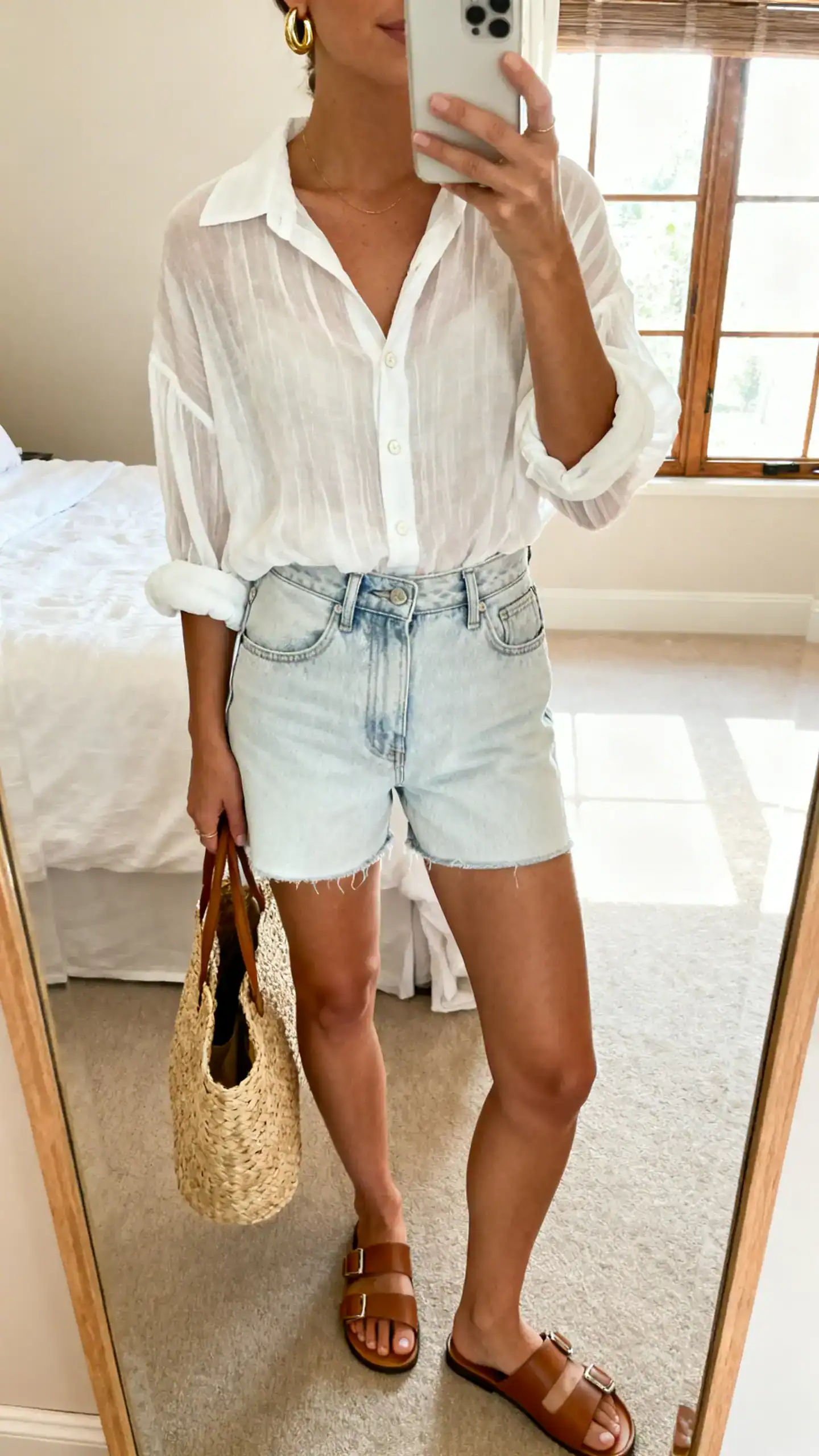 iPhone mirror selfie of a woman wearing a white floaty gauze button-up shirt with rolled sleeves, light-wash high-rise denim shorts, leather slide sandals, a straw tote, and dainty gold hoops, face not visible, cropped at neck, bedroom mirror with morning window light, iPhone photo quality.