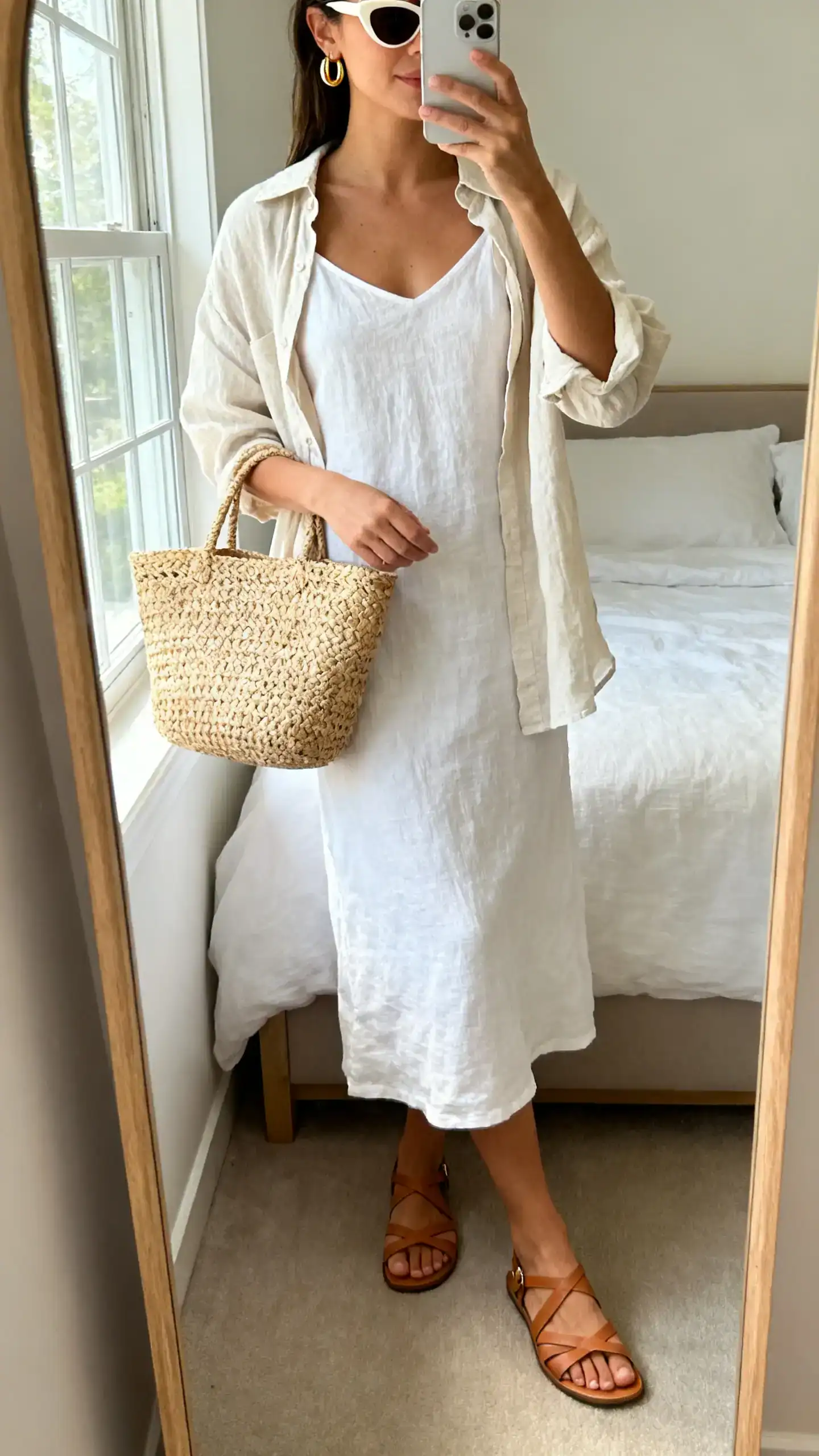 iPhone mirror selfie of a woman wearing a white linen midi slip dress with tan strappy flat sandals, simple gold hoop earrings, a woven straw tote, optional lightweight linen shirt worn open, and slight cat-eye sunglasses; face not visible, cropped at neck, bedroom mirror, natural window light, iPhone photo quality.