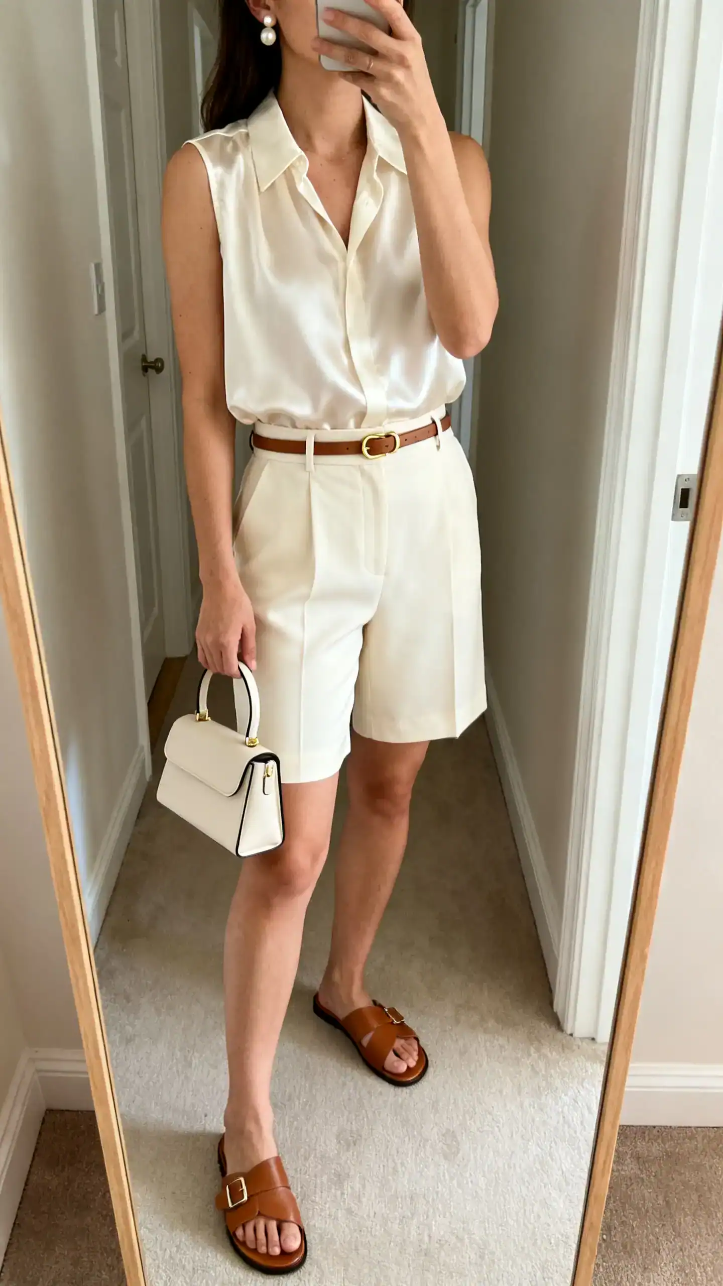 iPhone mirror selfie of a woman wearing high-waisted tailored shorts in cream, an ivory silk sleeveless blouse, leather slide sandals, a structured mini top-handle bag, a thin leather belt with a small gold buckle, and pearl studs, face not visible, cropped at neck, full-length hallway mirror, soft indoor light, iPhone photo quality.