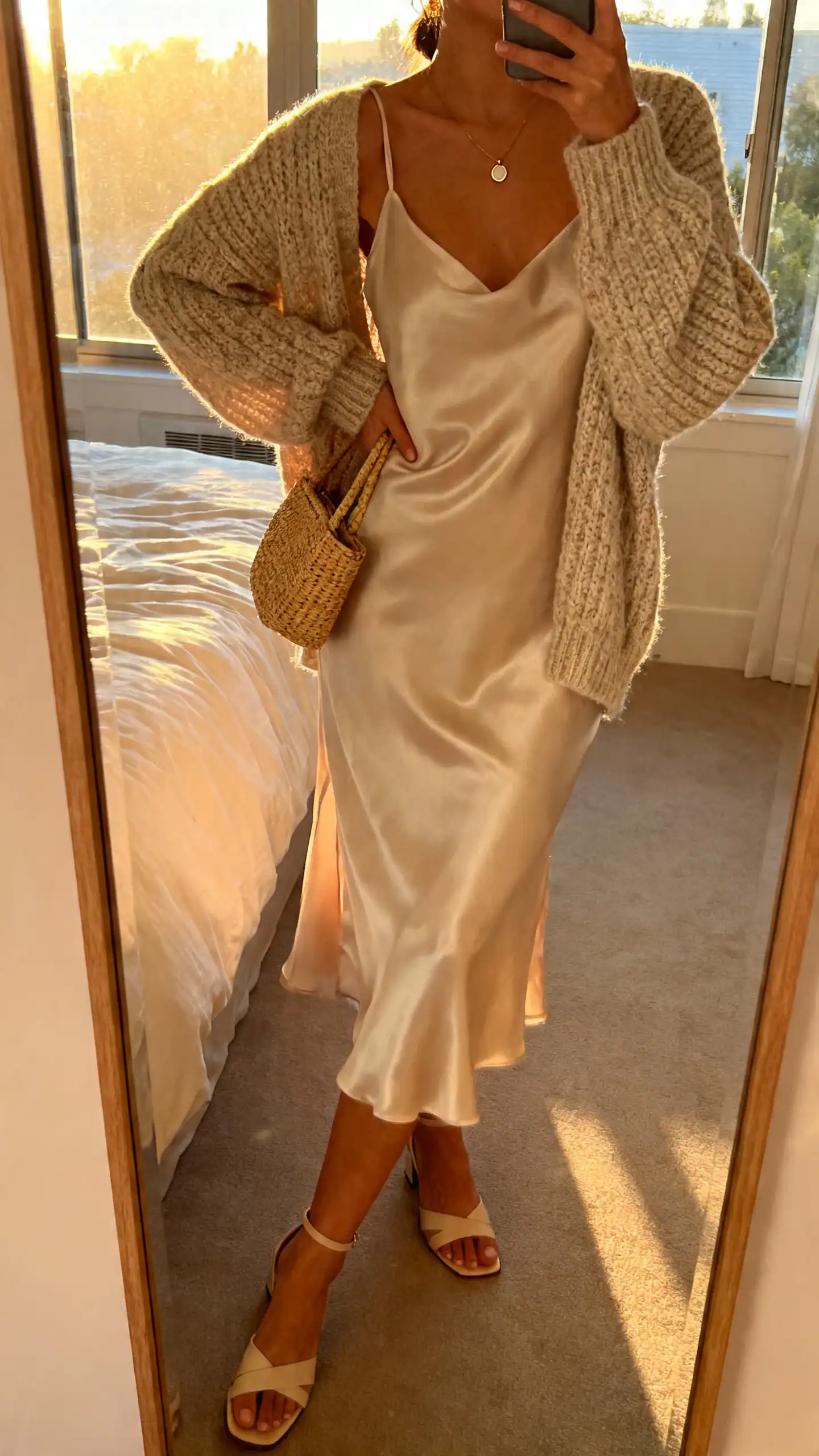 iPhone side-angle mirror selfie of a woman in a silk slip dress layered with a chunky cardigan, minimalist heeled sandals, dainty pendant, straw clutch, face not visible, bedroom mirror, golden-hour window light, iPhone photo quality