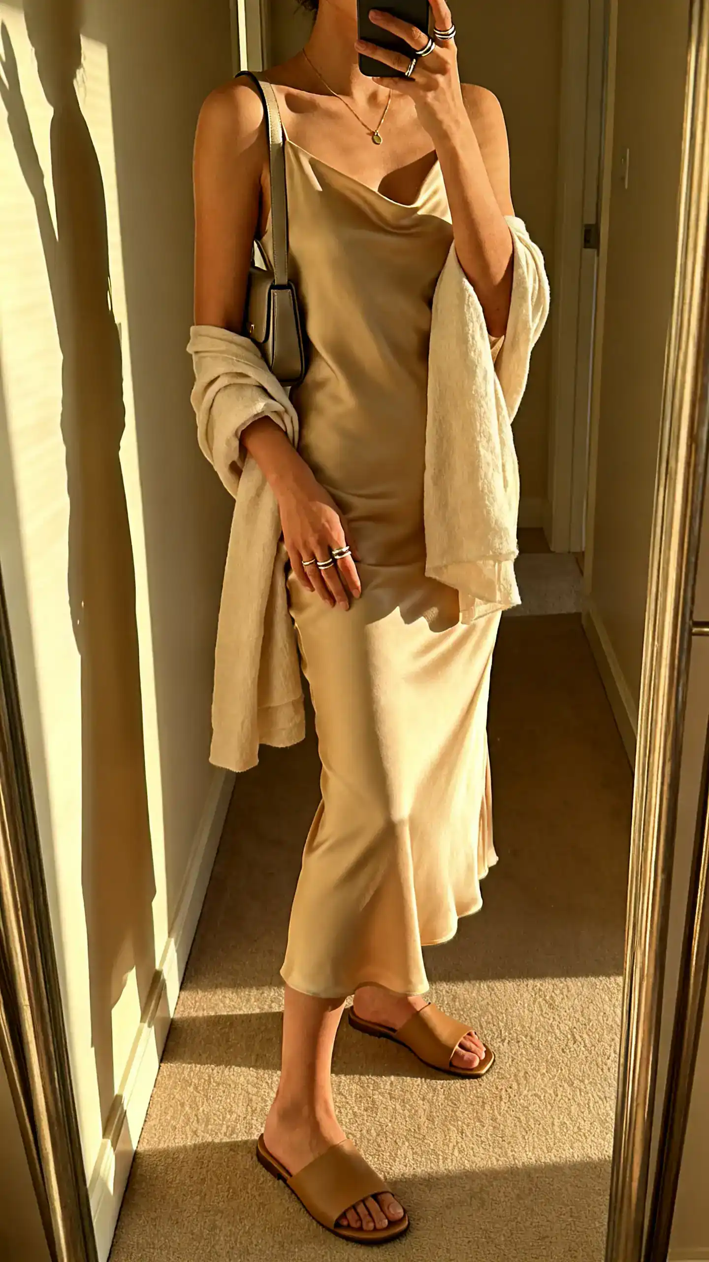 iPhone side-angle mirror selfie of a woman wearing a bias-cut slip dress in champagne, minimalist leather slides, a sleek shoulder bag, stacked thin rings, a delicate pendant, and a light shawl draped over arms, face not visible, cropped at shoulders, full-length mirror in hallway, golden-hour indoor light, iPhone photo quality.