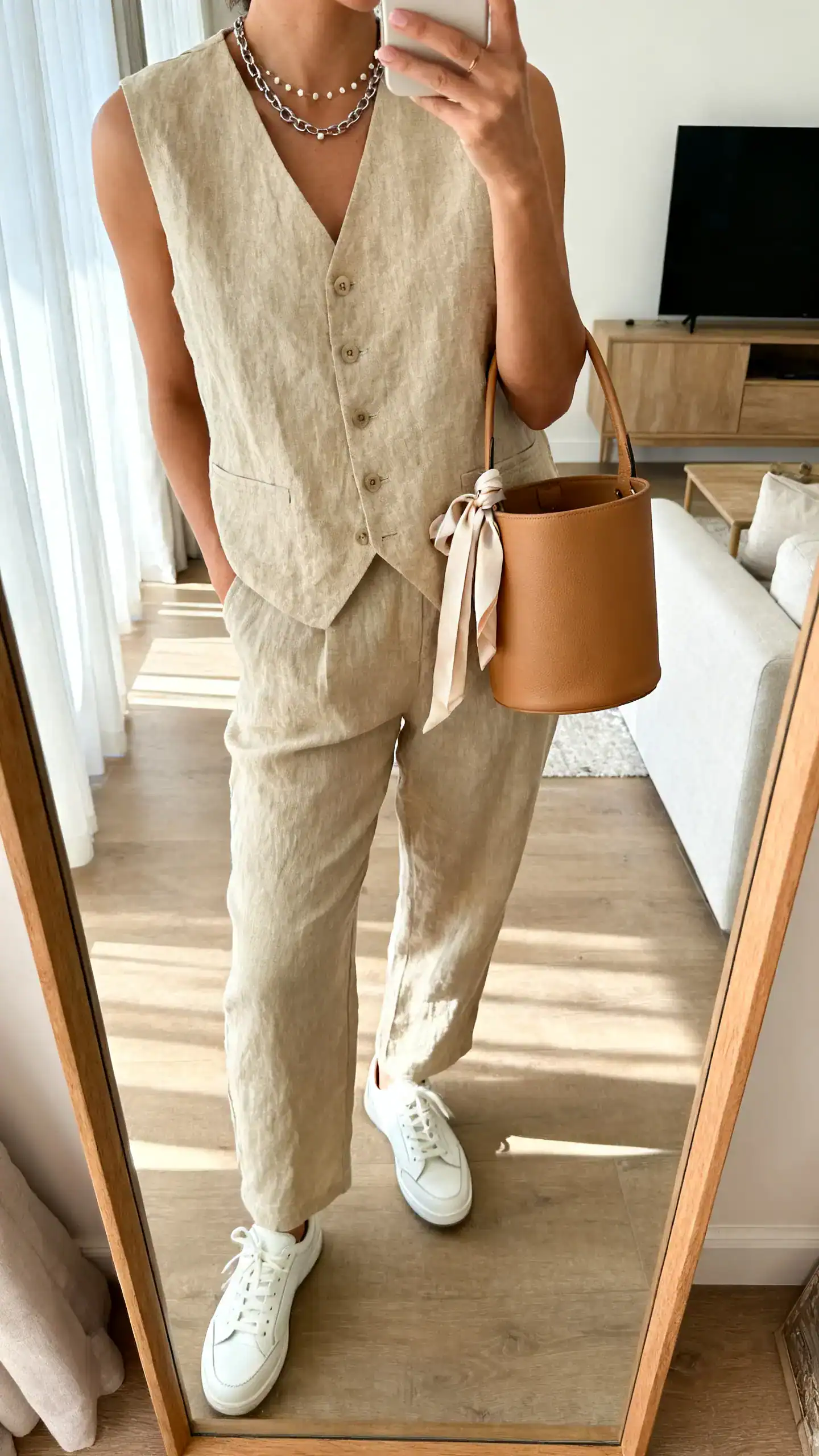 iPhone side-angle mirror selfie of a woman wearing a beige linen vest with matching linen trousers, clean white leather sneakers, a tan bucket bag, a simple chain necklace with small studs, and a thin silk scarf tied to the bag handle, face not visible, cropped at shoulders, living room mirror, morning light, iPhone photo quality.