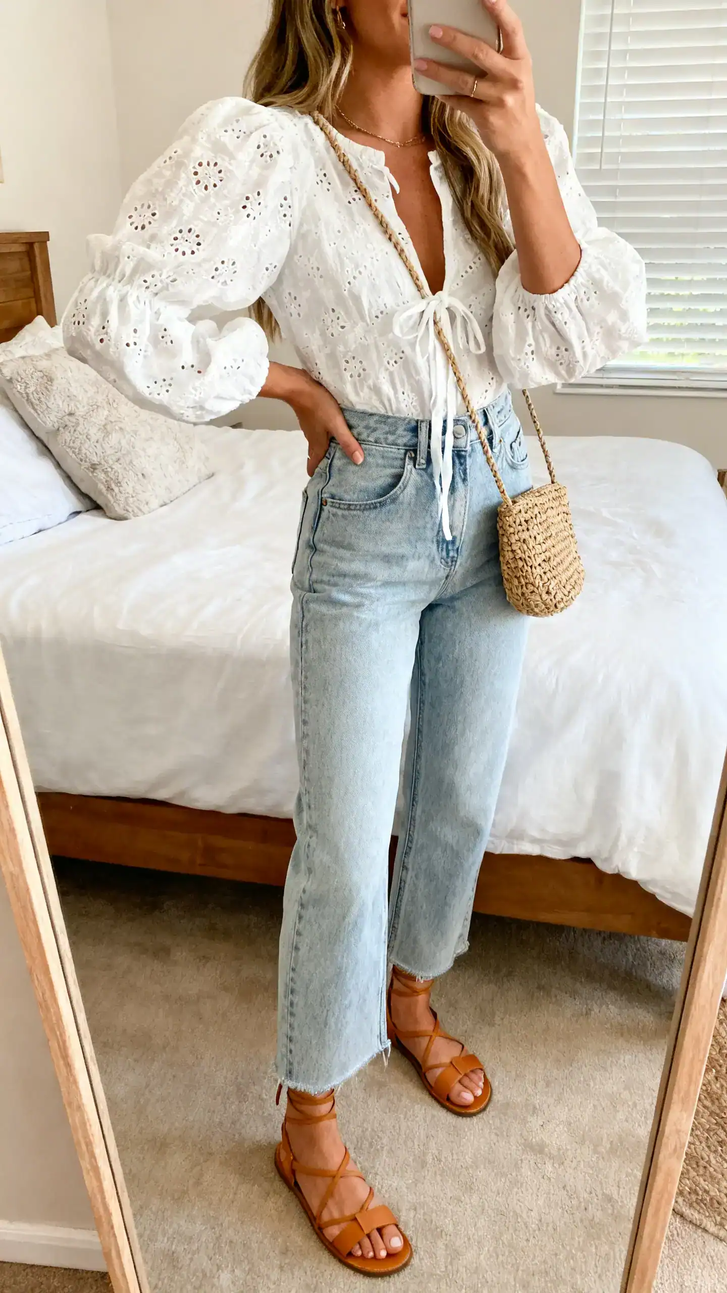 iPhone side-angle mirror selfie of a woman wearing a white eyelet peasant top with puff sleeves and tie front, high-rise light denim, tan strappy sandals, and a woven crossbody, face not visible, bedroom mirror with natural afternoon light, iPhone photo quality.