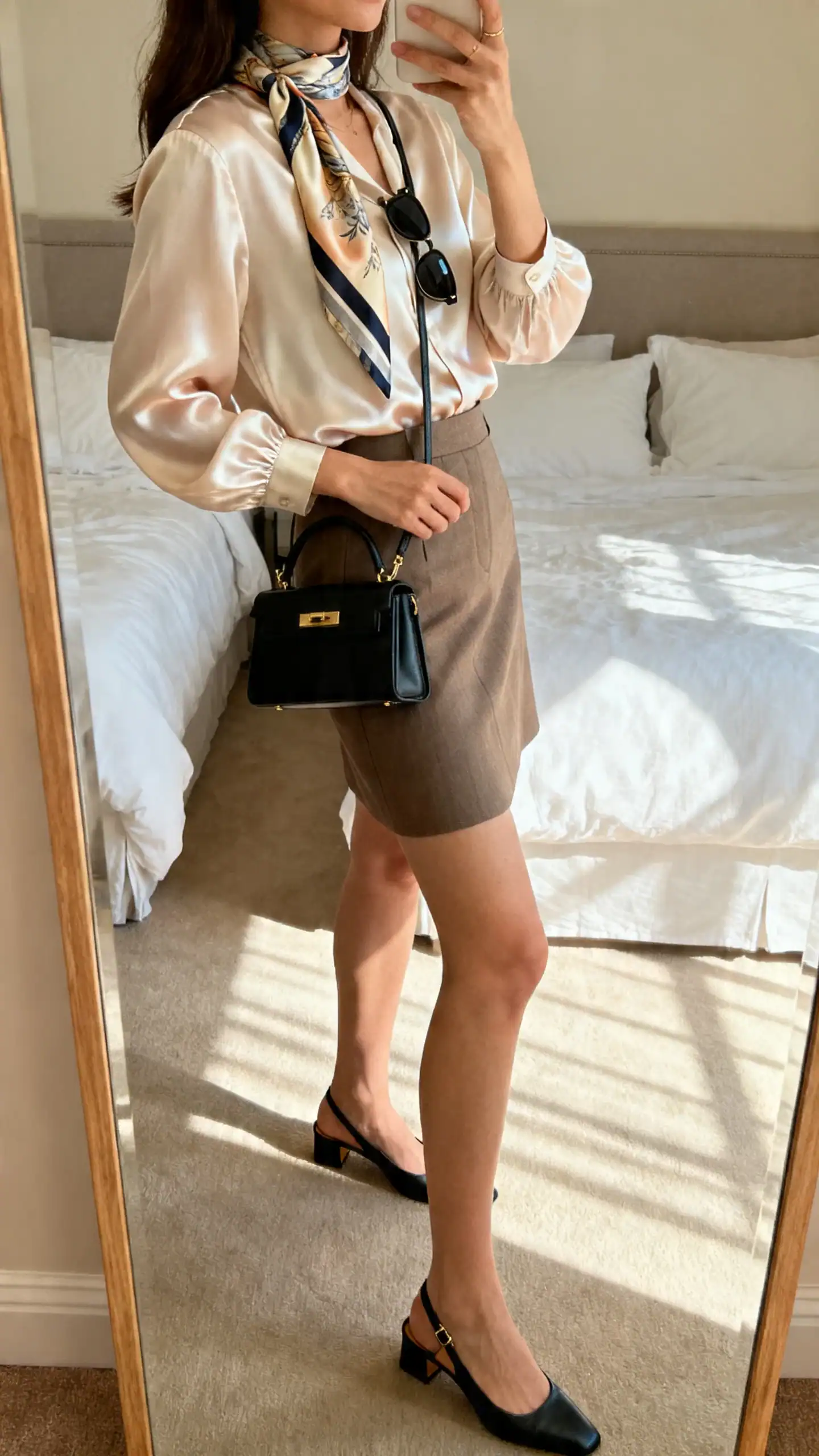 iPhone side-angle selfie of a woman wearing a silk scarf top with a tailored skort, slingback flats, structured mini bag, slim sunglasses, face not visible, bedroom mirror, morning light, iPhone photo quality