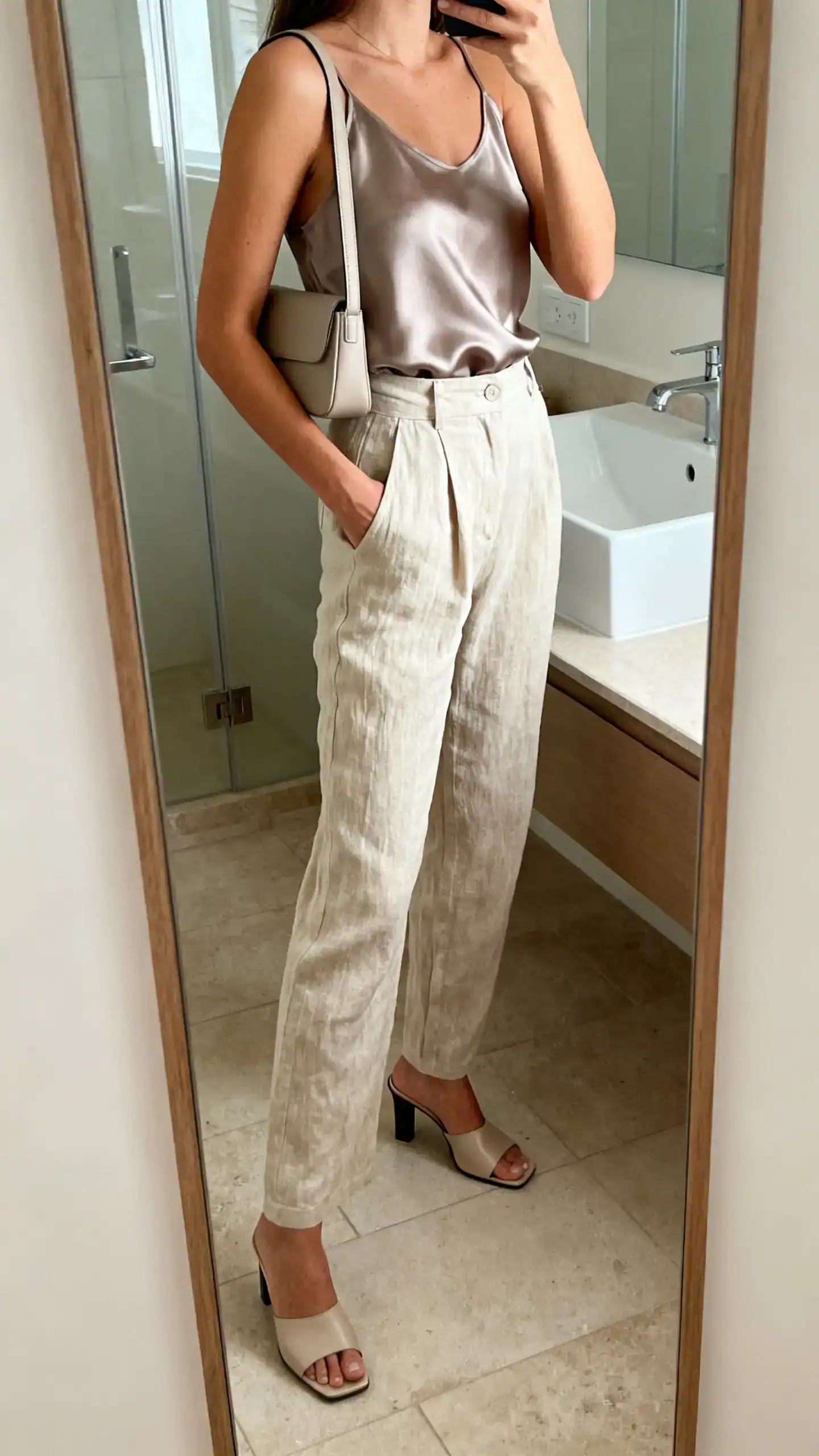iPhone side-profile mirror selfie of a woman in a silk-feel tank tucked into linen trousers with heeled mules and a minimalist shoulder bag, face not visible, bathroom mirror, soft indoor lighting, iPhone photo quality.