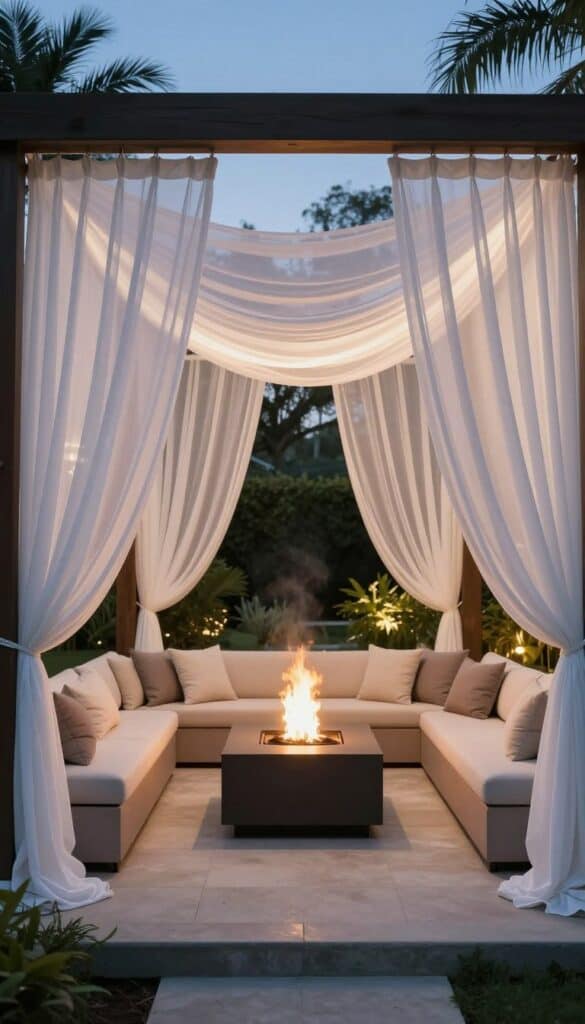 fire pit area framed with light flowing curtains creating private outdoor room