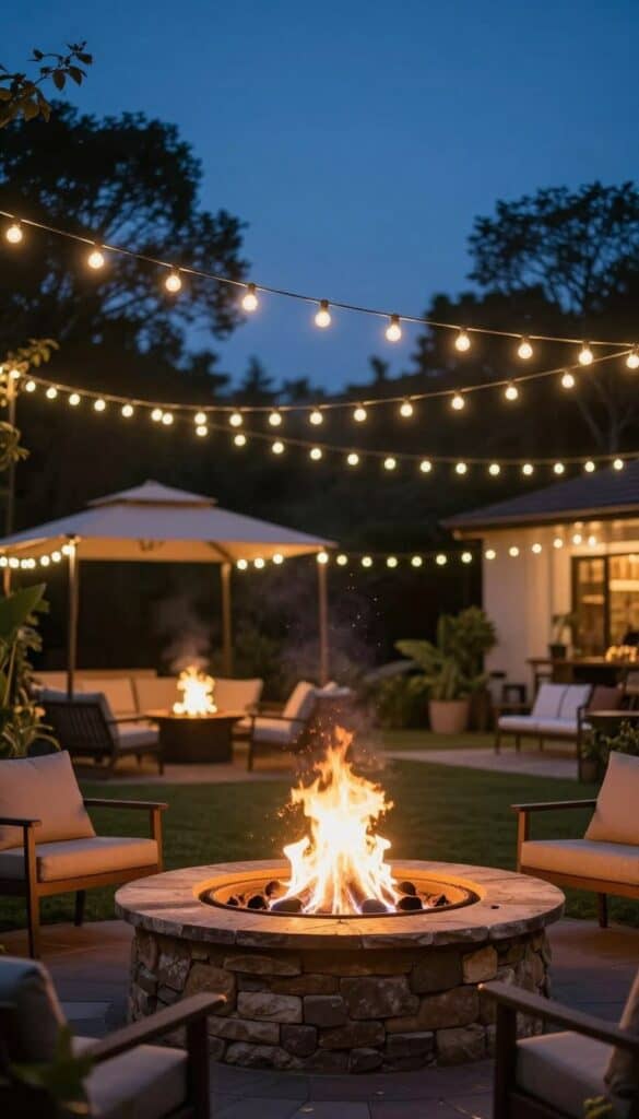 fire pit area with overhead string lights glowing softly creating magical backyard ambiance