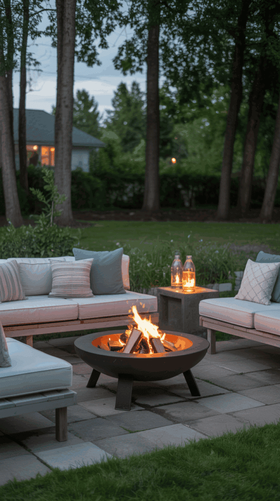 fire pit ideas backyard retreat with plush outdoor seating arranged around glowing fire pit at dusk