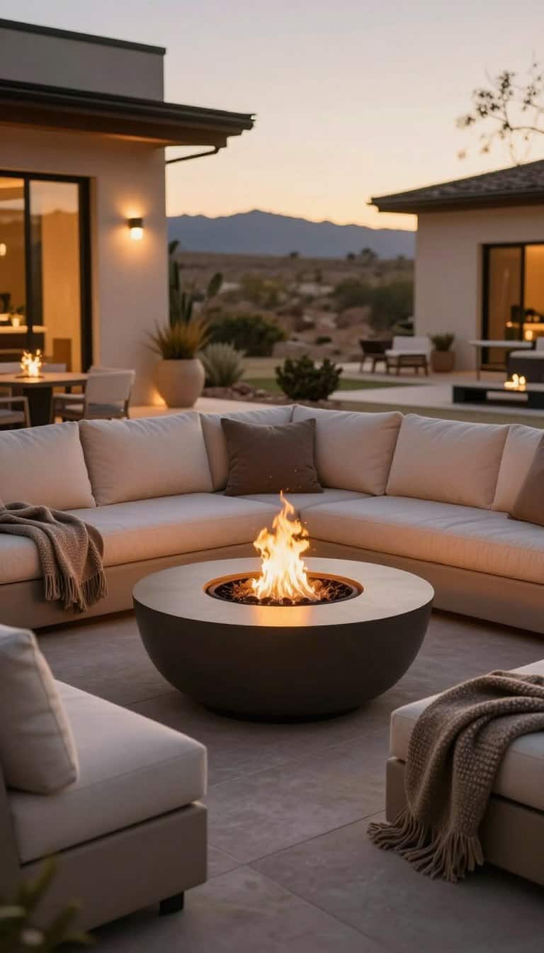 fire pit ideas backyard retreat with plush outdoor seating arranged around glowing fire pit at dusk
