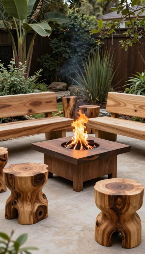 fire pit styled with wooden furniture and natural decor elements