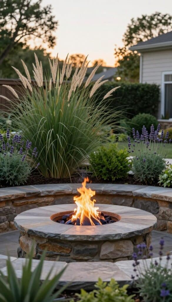 fire pit surrounded by greenery and soft planting in natural backyard landscape