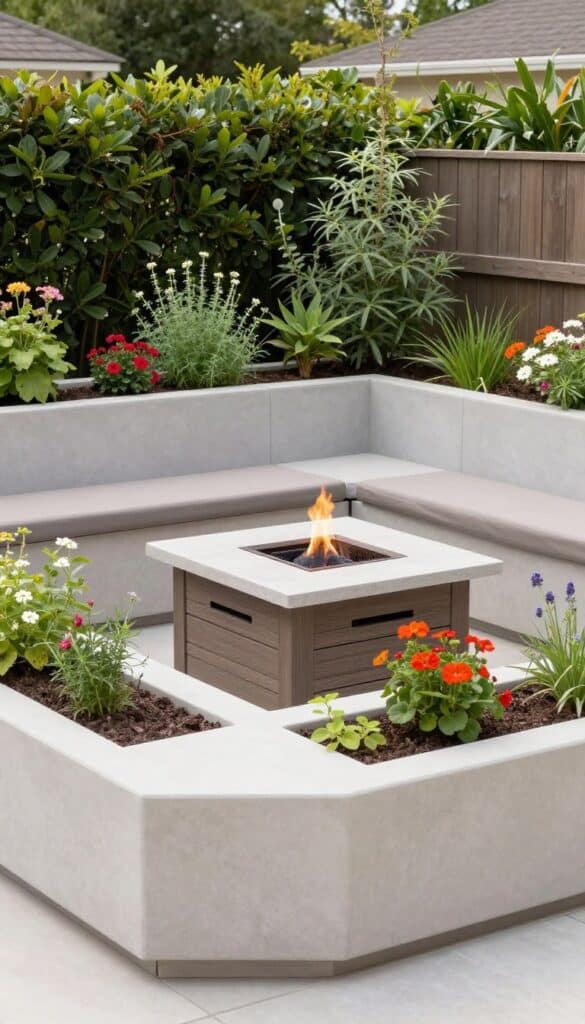fire pit surrounded by low built-in planters integrating seating and greenery