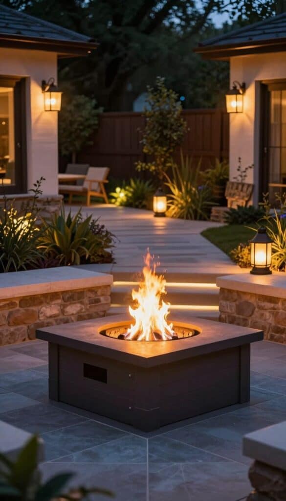fire pit with lanterns and soft lighting around seating area creating warm atmosphere