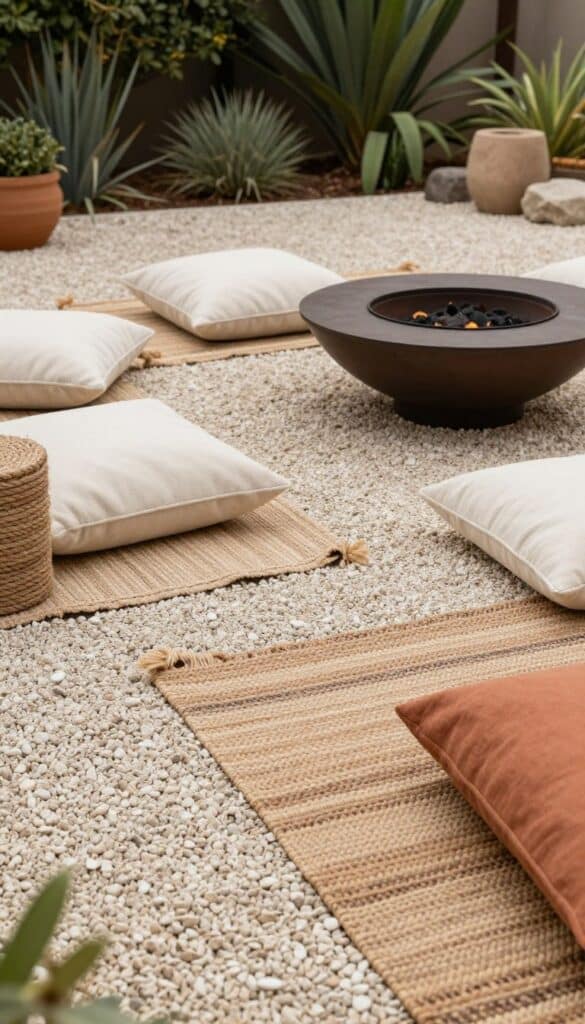 gravel fire pit zone with outdoor rugs cushions and mixed textures in backyard retreat setting