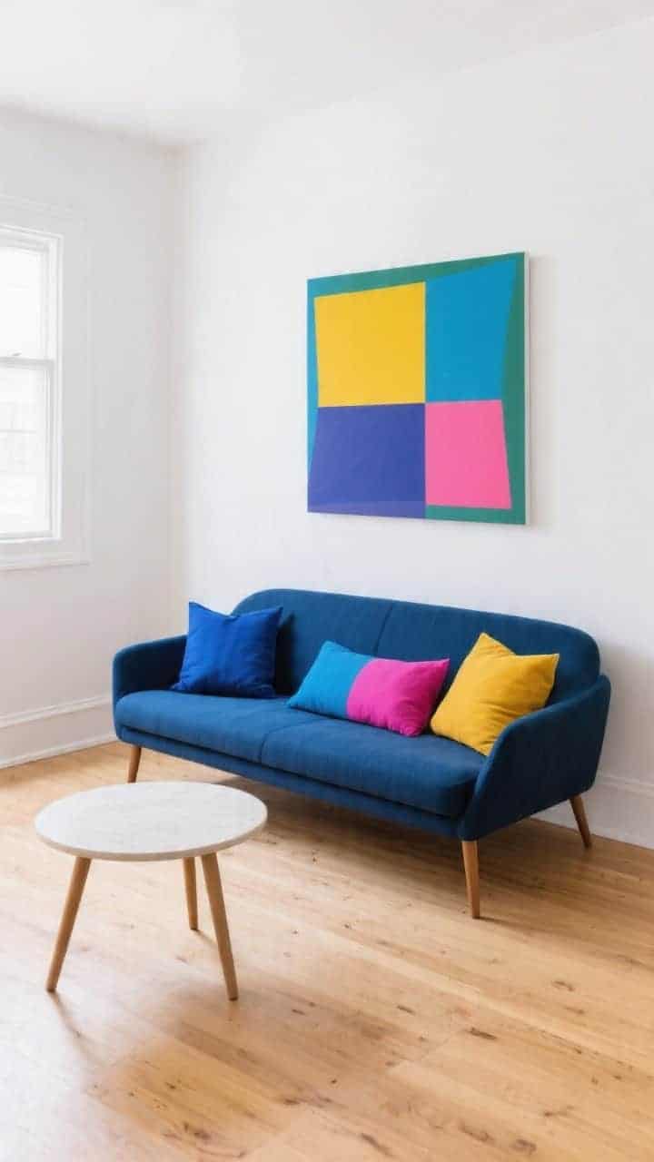 Angled medium shot, playful contemporary: an ink-blue mid-century–inspired sofa on light oak floors with a minimal round coffee table; abstract art in primary colors on white walls. Pillows: two 24-inch cobalt linen to echo the sofa, two 20-inch mustard canvas squares for contrast, and a center lumbar color-blocked in cobalt and fuchsia. Bright, cheerful lighting; crisp color blocking, curated not chaotic.