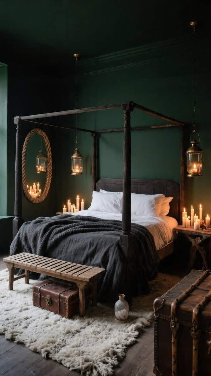 Atmospheric wide shot of a candlelit bedroom with deep inky green walls that read almost black at night. A dark-stained wood four-poster bed dressed in flax linen sheets and a thick charcoal wool blanket. Low, moody lighting from aged-bronze lantern pendants and clusters of candles in hurricane glass. A slatted wooden bench at the foot; a nubby ivory rug underfoot; a large rope-framed mirror reflecting candlelight. Leather-bound trunks and a raw-edge wood side table complete the scene; a subtle sea-salt diffuser sits nearby. Photorealistic, warm candle glow with deep contrast.