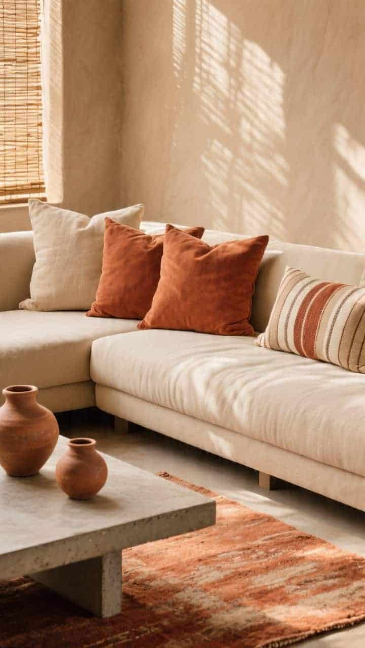 Closeup detail, desert modern textures: sandy-beige sectional edge with a low concrete coffee table partially in frame, clay vessels and a faded terracotta-toned rug beneath; warm sunlight through woven shades casting soft patterns. Pillows: two 24-inch sand linen, two 22-inch terracotta sueded cushions, and a striped lumbar in sandstone, rust, and cream. Sun-baked hues, tactile materials, harmonious analogous palette.