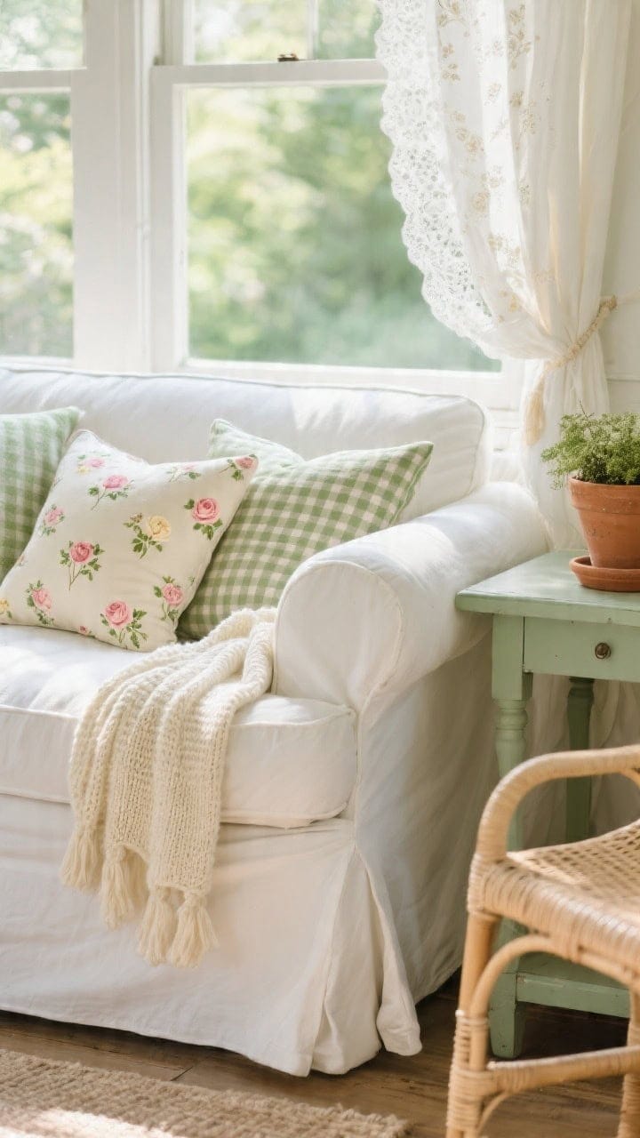 Closeup detail of a cottagecore sunroom loveseat: white slipcovered loveseat stacked with ditsy floral pillows showing tiny blossoms in rose, buttercream, and moss, mixed with a couple of small-scale gingham pillows; delicate knitted cream throw draped over the arm; softly sunlit scene with a painted sage side table holding terracotta pots; lace-trimmed curtain panel and a light rattan chair subtly visible; palette white, sage, rose, butter, moss; photorealistic.