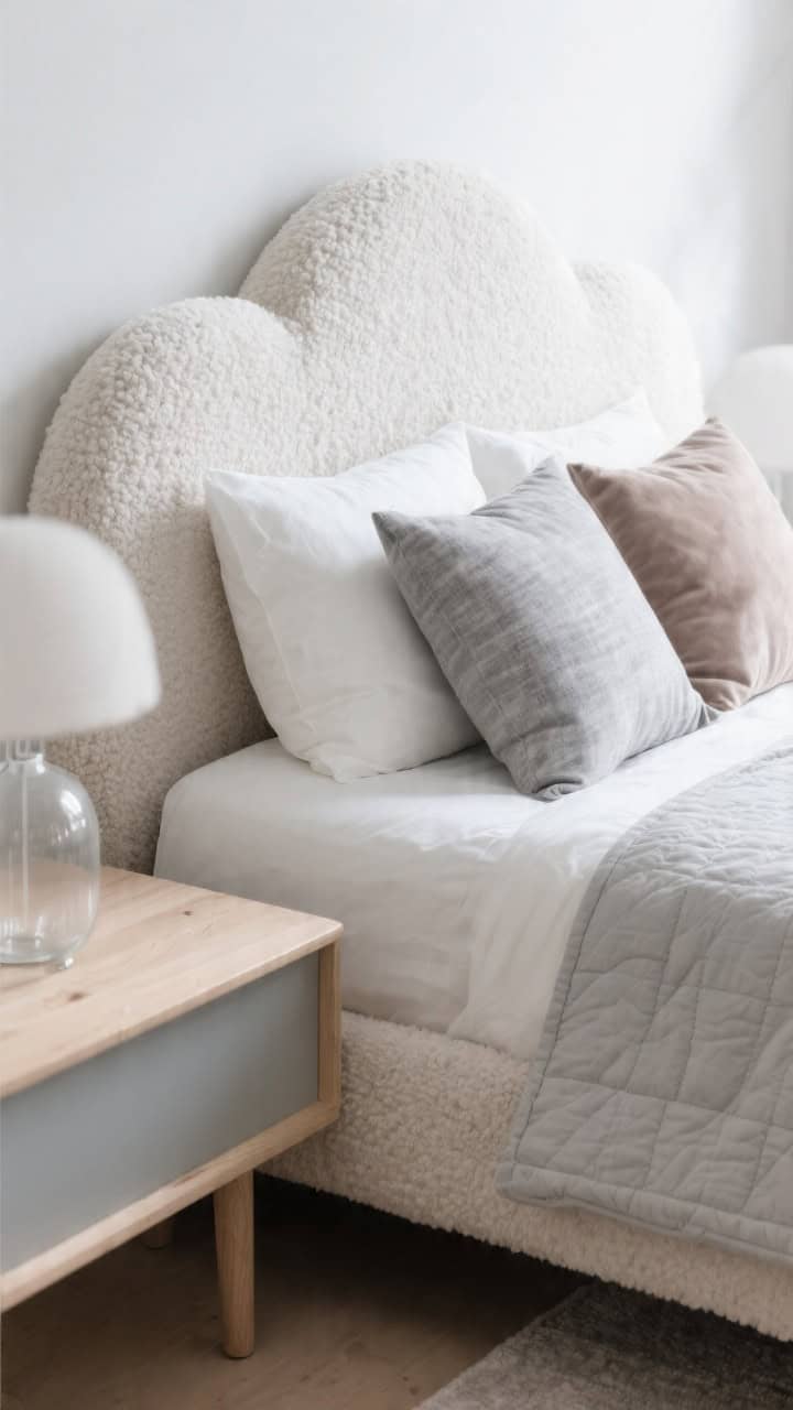 Closeup detail of a Scandinavian cloud bed: bouclé upholstered bed, light ash nightstand edge and frosted glass lamp softly blurred. Pillows in soft grays: two light gray Euros, two crisp white pillows, oversized marled gray lumbar centered, flanked by two mink-colored velvet minis. Pale gray quilt at the foot slightly visible. Diffused daylight, airy and plush.