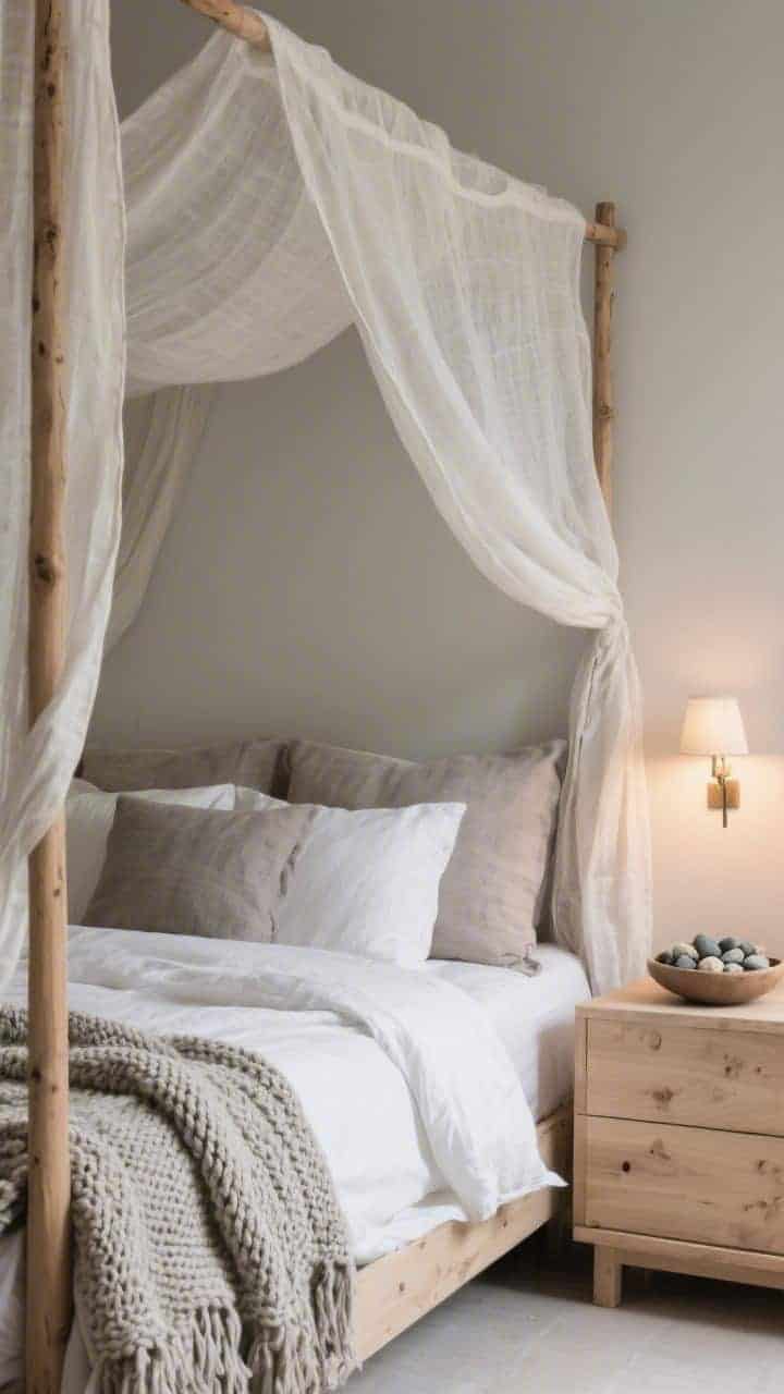 Closeup detail of canopy serenity: gauzy linen canopy draped over a simple oak bedpost, fabric pooling lightly; layers of pebbly grays, misty taupes, and chalky whites in stonewashed coverlet and chunky knit throw; warm glow from shaded wall sconces softly illuminating wood grain; limed-oak dresser edge and a small bowl of collected pebbles in frame; quiet, ethereal mood.