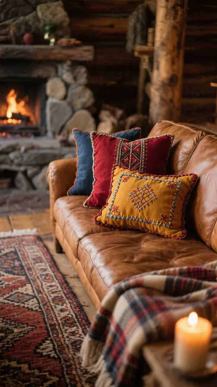 Closeup detail of cozy cabin den: caramel leather sofa corner with embroidered folk pillows in cranberry, indigo, and marigold, showcasing hand-touched stitching; plaid wool throw draped nearby; soft glow from candles out of focus; hint of rustic stone fireplace and vintage kilim rug textures; intimate hearth-side warmth; photorealistic.