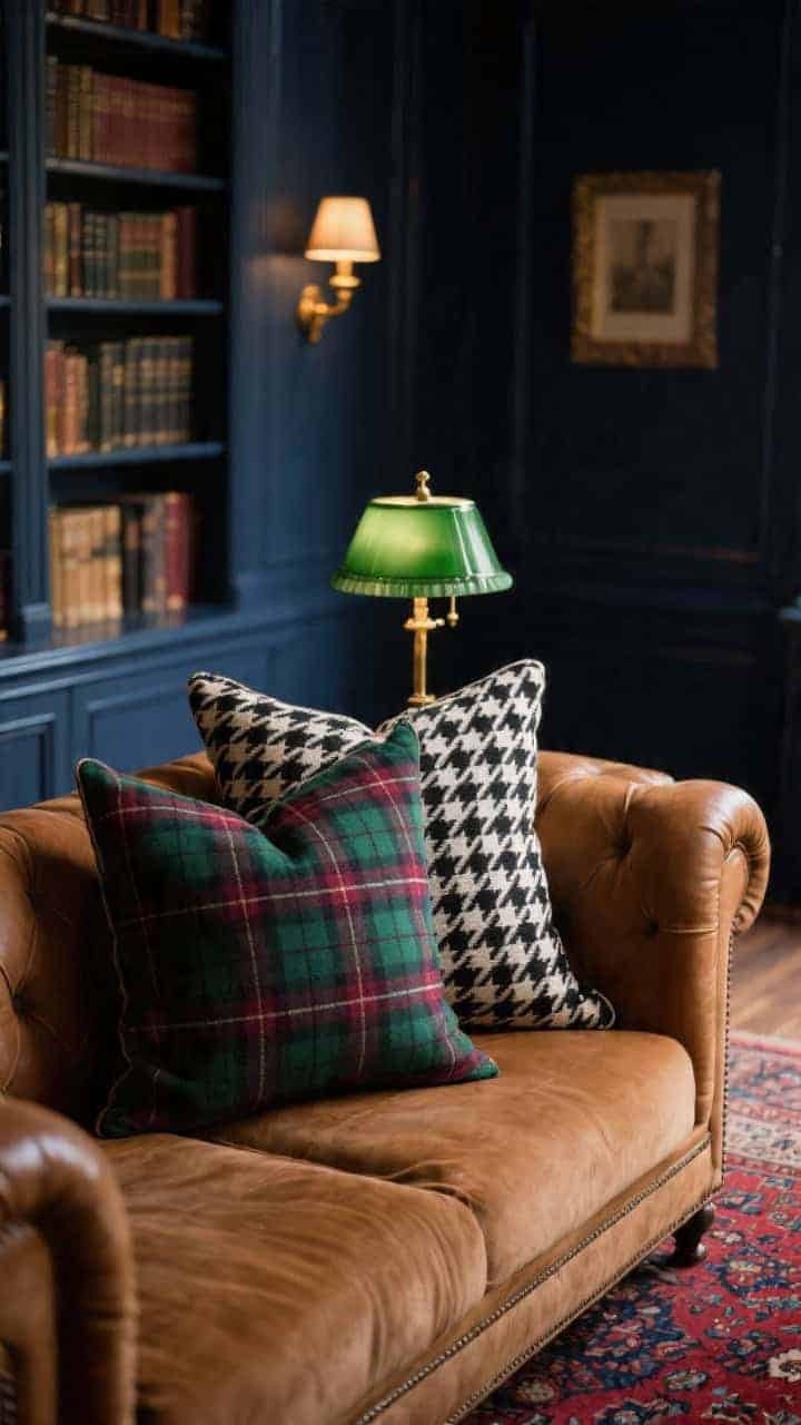 Closeup detail of patterned pillows on a cognac chesterfield in a moody library: layered plaids (tartan, windowpane, buffalo check) in deep greens and oxblood, plus two black-and-cream houndstooth pillows; softly blurred background shows navy floor-to-ceiling bookcases, brass picture lights, and hints of a Persian rug in ruby and indigo; warm lamplight and a green glass banker’s lamp glow; palette navy, cognac, emerald, oxblood, cream; richly textured, photorealistic.
