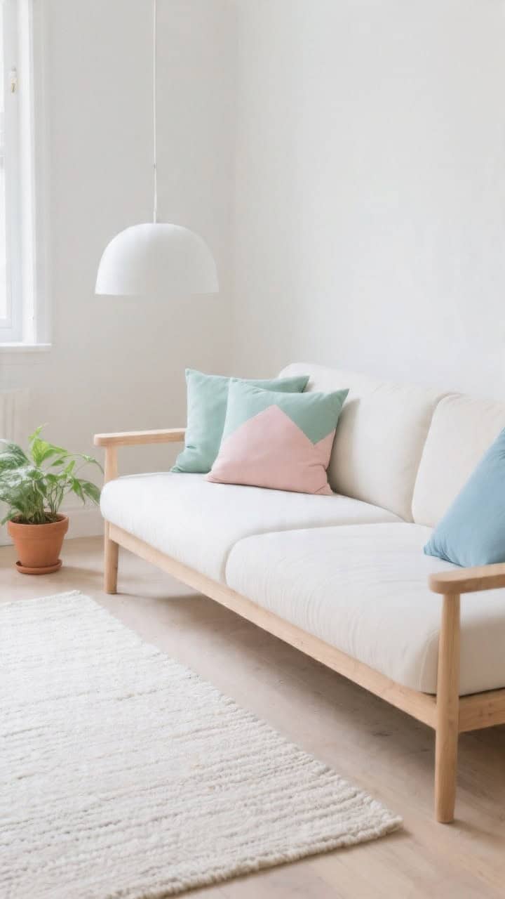 Closeup detail of Scandinavian bright sofa corner: pale oak sofa with ivory cushions and mint, blush, and powder blue pillows in simple geometric shapes; edge of a light flat-weave rug and a matte white pendant softly blurred; small terracotta potted greenery adding contrast; daylight, airy, uncluttered; photorealistic.