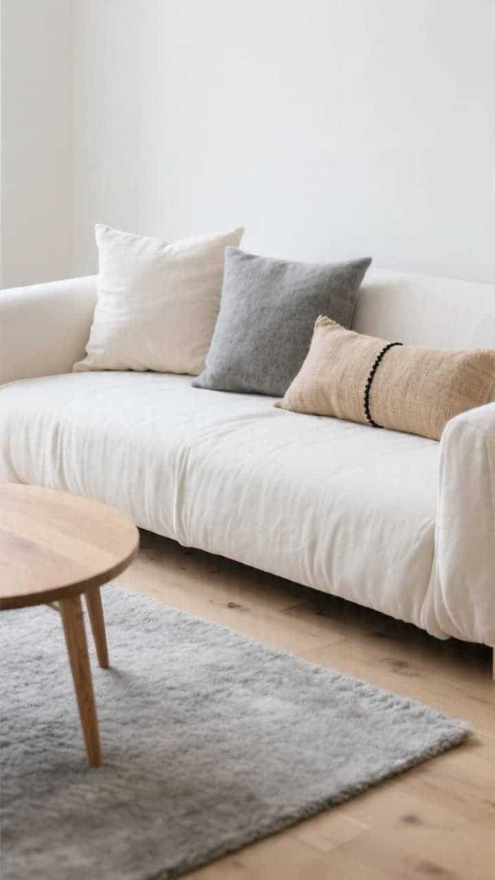 Closeup detail of Scandinavian minimalism: cream slipcovered sofa on pale oak floors beside a soft gray wool rug; a simple ash wood rounded-corner coffee table just out of focus. Pillows arranged lightly: two 24-inch cream canvas, two 22-inch heather gray wool-blend, and a long lumbar in natural flax with a tiny black stitch detail front and center. Soft diffused daylight, minimal color, maximum texture; crisp, uncluttered feel.
