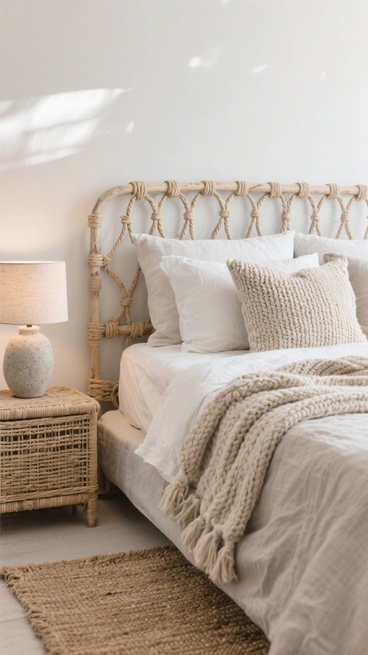 Closeup detail of textures in a neutral coastal setting: rope-wrapped headboard in focus with soft natural light grazing its fibers; layered flax linen pillows, chunky knit throw in oatmeal draped over the bed; rattan nightstand edge and woven jute rug texture visible; ceramic lamp in a stone finish softly glowing; palette of sand, ivory, driftwood, soft gray; calm, tactile, elevated.