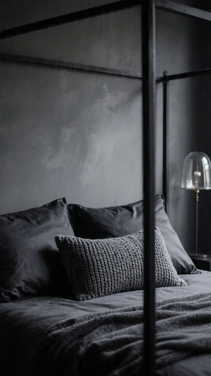 Closeup moody texture shot: black metal canopy post framing the scene, charcoal walls and smoky glass lamp bokeh in background. On the bed: two black linen Euro shams layered behind two charcoal shams; a chunky knit graphite lumbar front and center; two gunmetal silk-charmeuse mini pillows adding sheen; heavy-weight charcoal throw draped. Low, intimate lighting for cocoon effect.