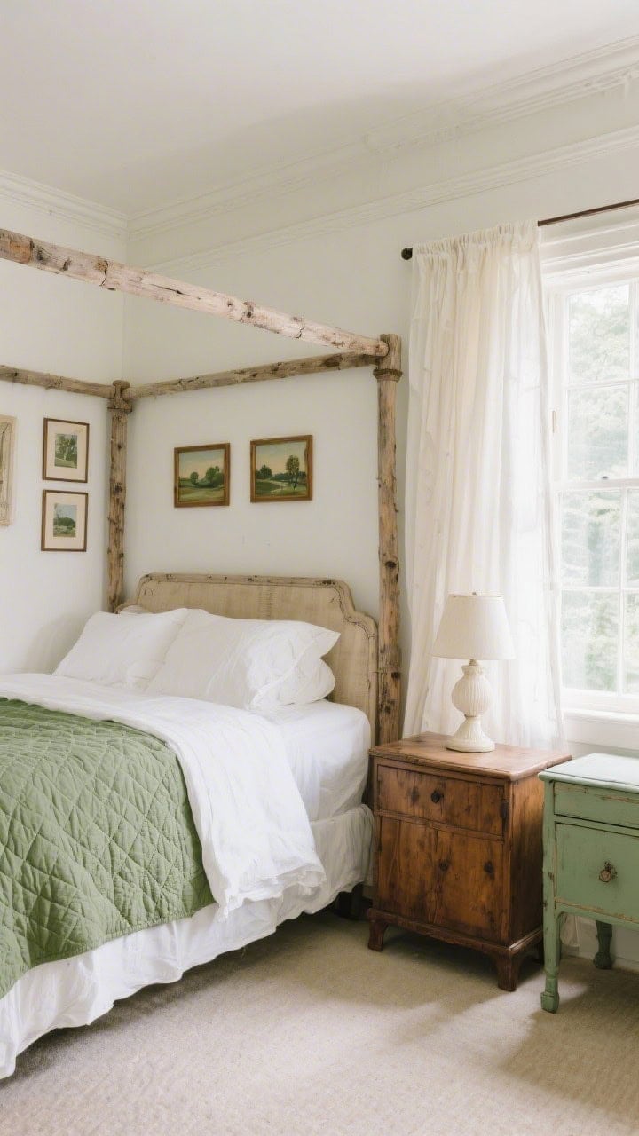 Corner-angle medium shot of a breezy heirloom suite: weathered oak four-poster bed dressed in soft white bedding and a sage green quilt; warm white walls with picture frame molding; mismatched antique nightstands—one oak, one painted sage—with alabaster lamps; airy cotton voile curtains fluttering at the window; small collected landscape paintings in simple wood frames; tranquil, dignified, lived-in elegance, gentle daylight.