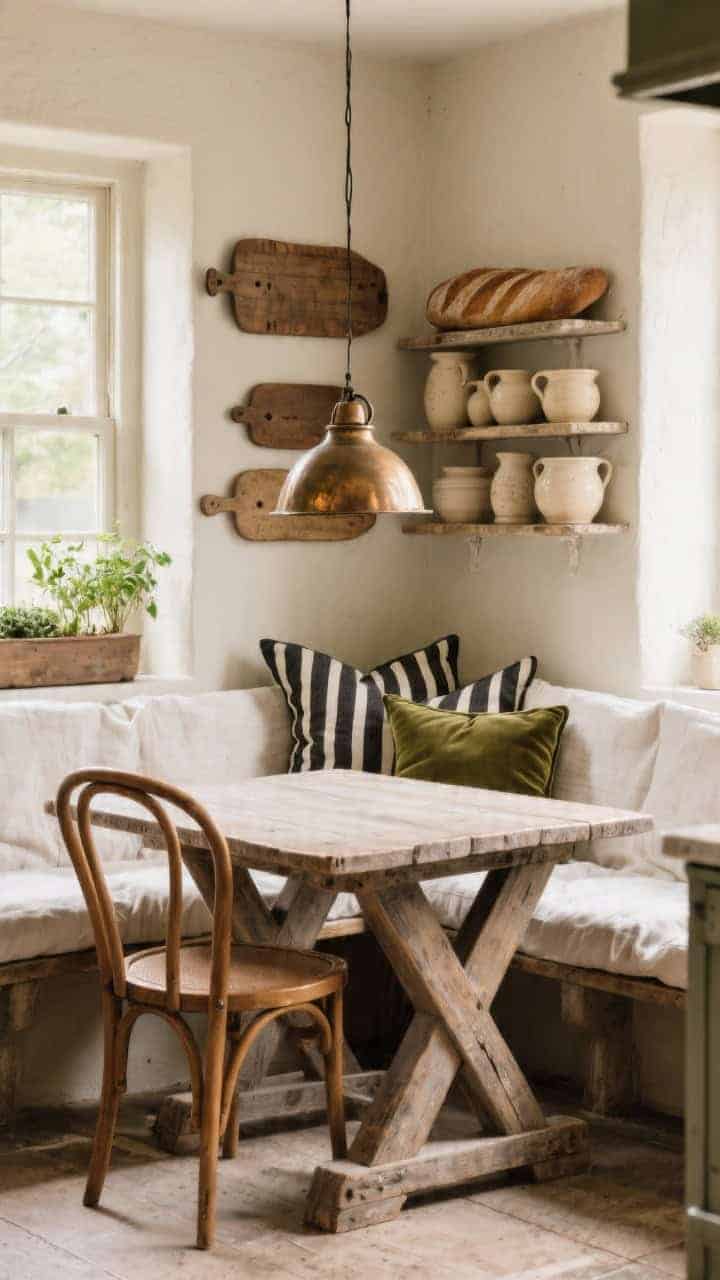 Corner angle of a rustic European kitchen nook with a built-in washed-linen banquette around a farmhouse trestle table and chunky bentwood chairs. Pillows combine charcoal-on-ivory ticking stripes with a couple of olive velvet squares for depth. Overhead bronze pendant casting warm light; wall stacked with vintage breadboards; creamy stoneware on open shelves; a small herb garden by the window. Warm, lived-in ambiance emphasizing linen, velvet, stoneware, and worn wood textures.