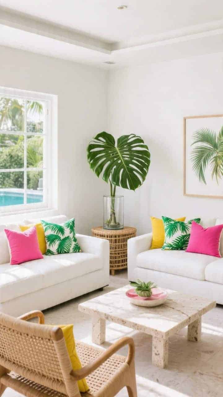 Corner angle tropical modern: white sectional with sleek rattan armchairs and travertine coffee table; palm-print pillows in lime and emerald punctuated by hot pink and sunny yellow solids; cane console; bold monstera leaf in a glass cylinder; crisp resort-chic feel with bright natural light; photorealistic.