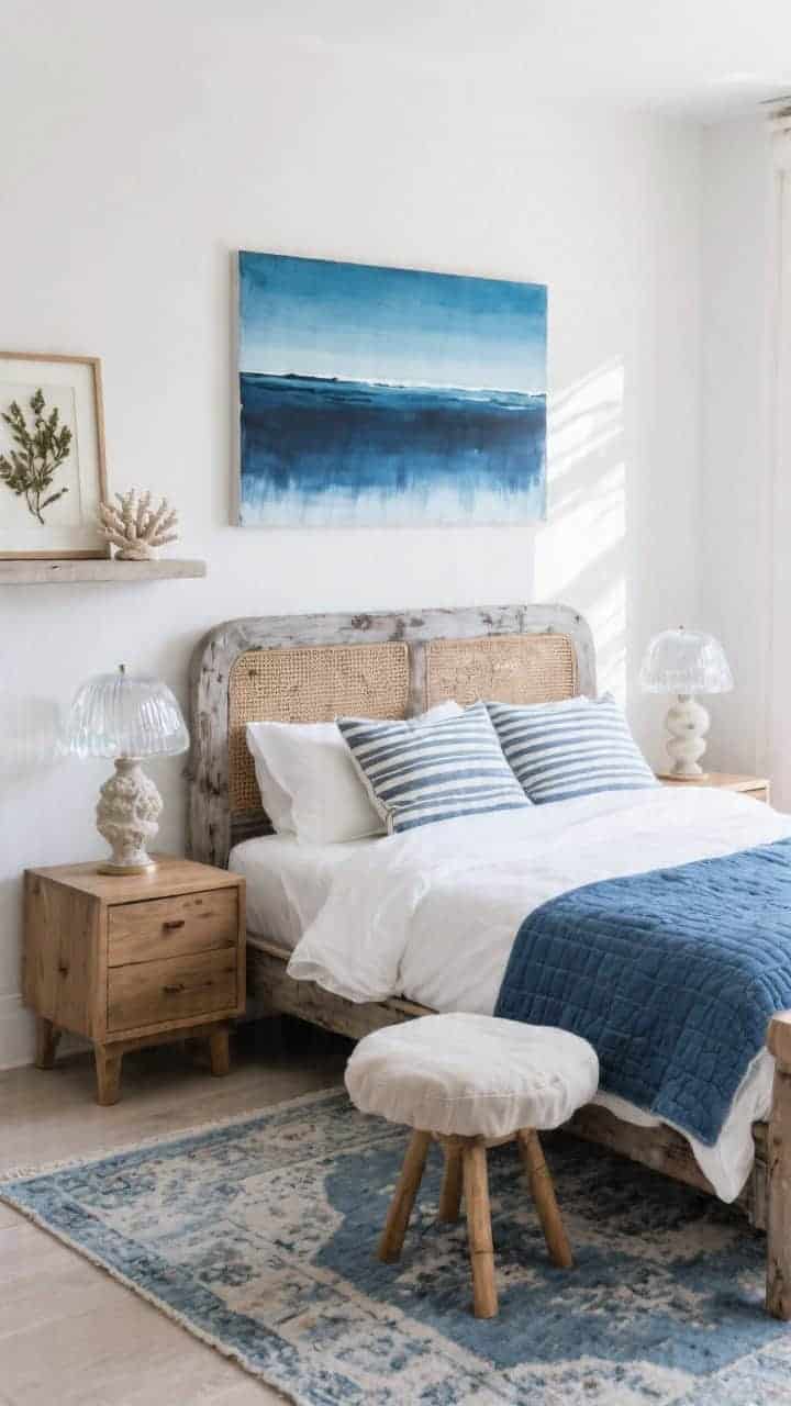Corner medium shot featuring ink-to-cobalt gradient art above a weathered oak bed with cane inserts. Slim-profile oak nightstands with rippled glass lamps. Bedding mixes crisp white sheets, denim-blue quilts, and marine-striped pillows. A blue-gray Persian-style rug with worn-in softness extends under the bed. Accessories include a ceramic coral sculpture and a linen stool with oak legs; a framed pressed seaweed piece leans on a shelf. Photorealistic, bright coastal daylight with soft shadows.