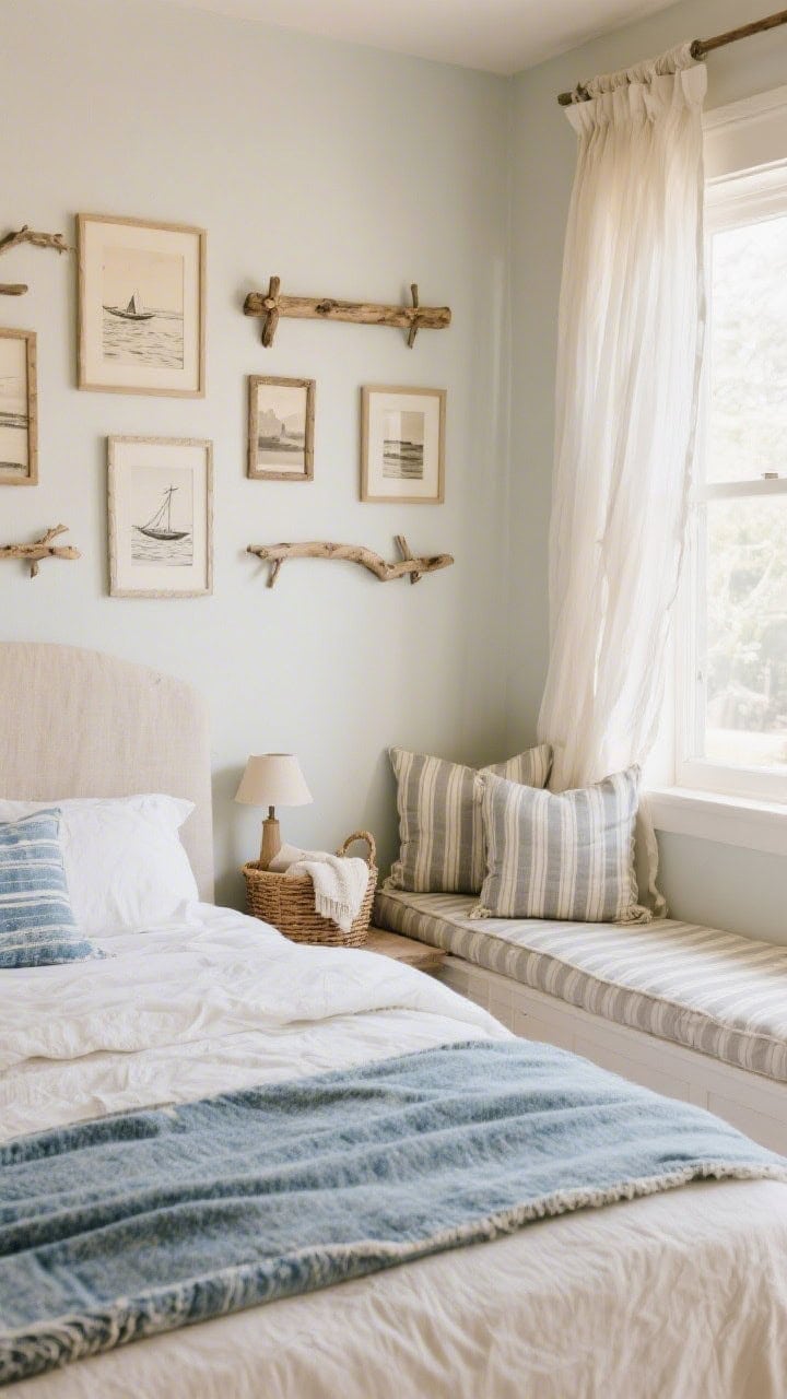 Corner medium shot of collected charm: pale flax upholstered bed layered with linen sheets and a soft denim throw; above, a gallery wall of small coastal sketches and sepia photos in driftwood frames; cozy window seat built-in with a bench cushion and ticking stripe pillows; basket for blankets, petite reading lamp; sheer curtains dancing in a coastal breeze; warm, inviting, stay-a-while mood.