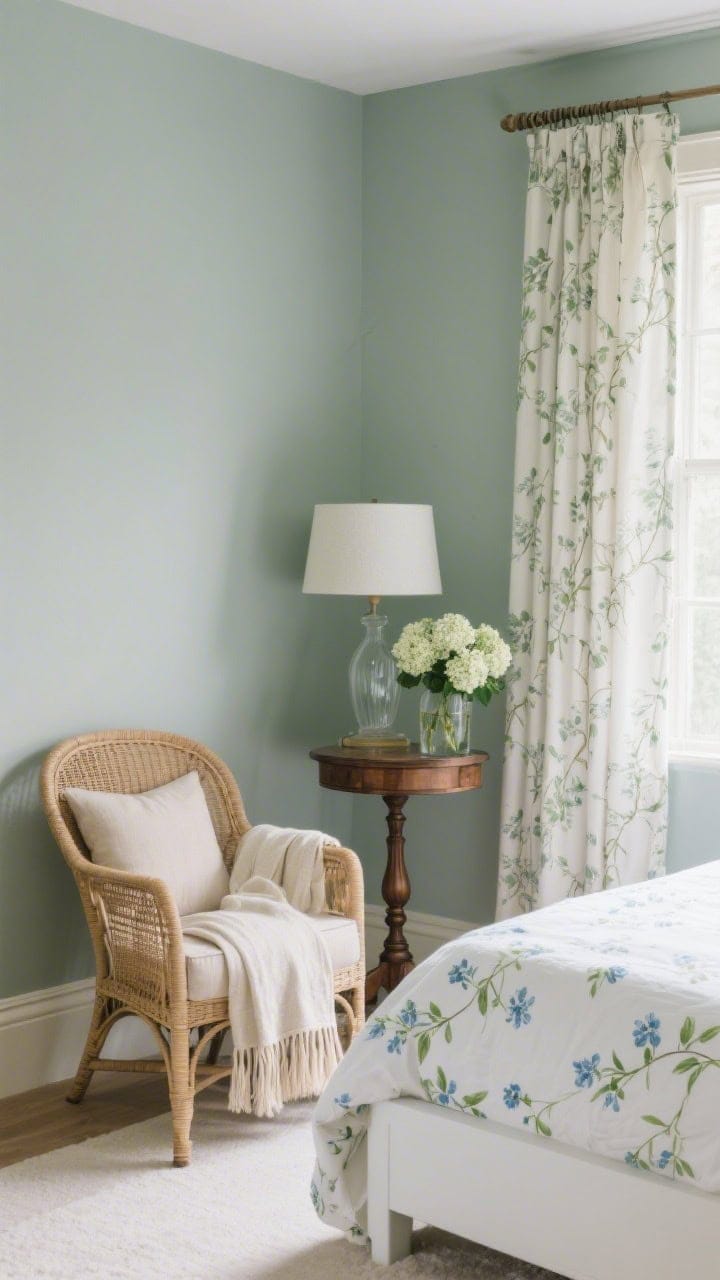 Corner reading vignette, medium shot: walls in soft green-gray; bed with white base and a delicate floral duvet of tiny blue-and-green sprigs; rattan club chair with linen cushion and tasseled throw; turned-leg nightstand topped with a simple glass lamp and fresh hydrangeas in a pitcher; breezy drapes with a faint vine print; romantic, fresh, inviting light.