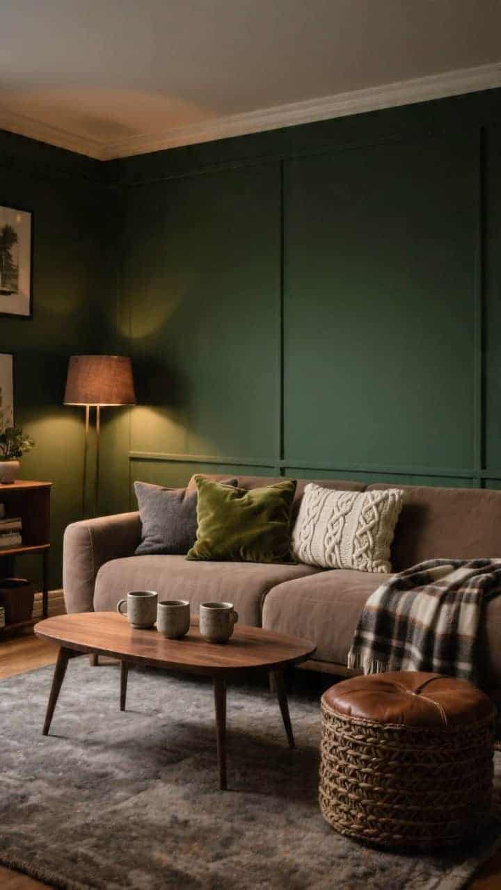 Cozy den, medium-wide angle with deep pine green walls, warm taupe sofa, and a smoked-oak coffee table; plush pillow mix of moss velvet square, pepper-gray wool square, and ivory cable-knit lumbar; woven leather stool nearby, soft plaid throw over the arm, stoneware mugs on the table; warm, cocooning evening lighting for a hygge movie-night mood; photorealistic.