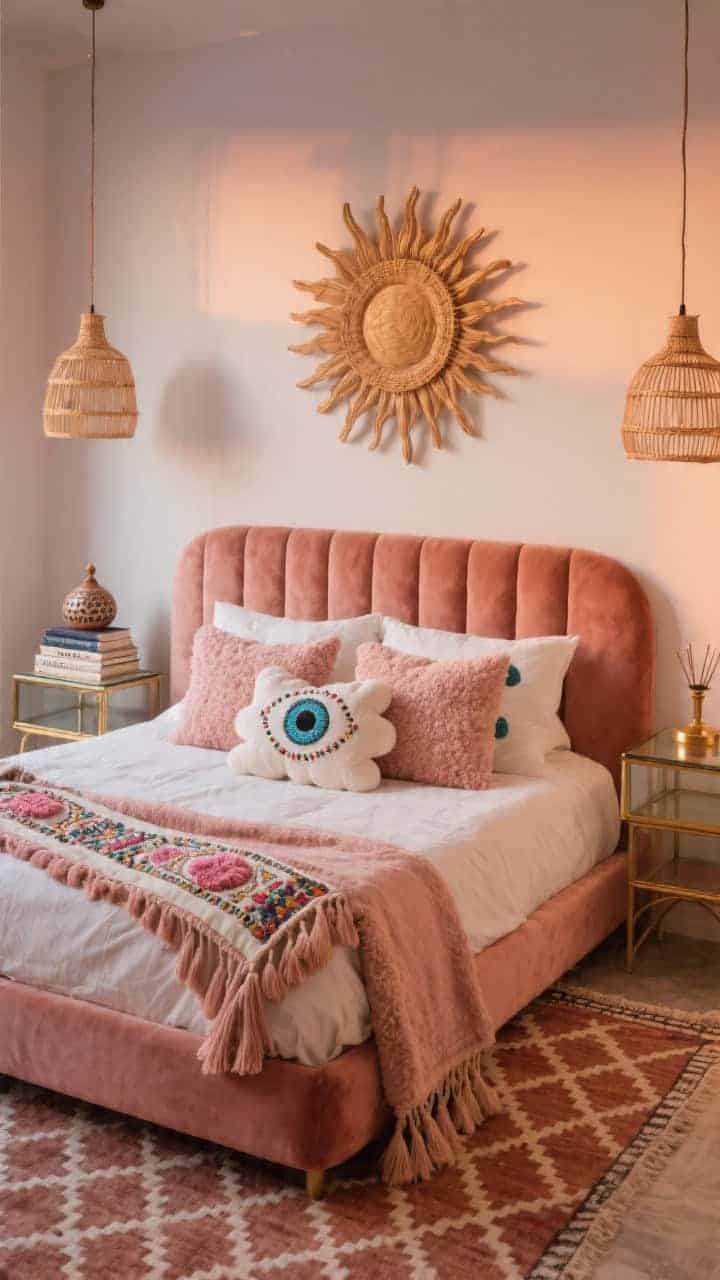 Detail bedscape, straight-on: Low blush velvet upholstered bed layered with linen bedding in clay and rose on a Moroccan-style diamond lattice rug; funky pillows—long embroidered lumbar with tassels, pair of boucle cloud pillows, and a beaded evil eye cushion centered as the playful focal point—stacked in varied heights; rattan pendants over airy brass-and-glass nightstands; oversized sunburst above headboard; ceramic incense dome and stacked poetry books nearby; soft, romantic evening glow, photorealistic.