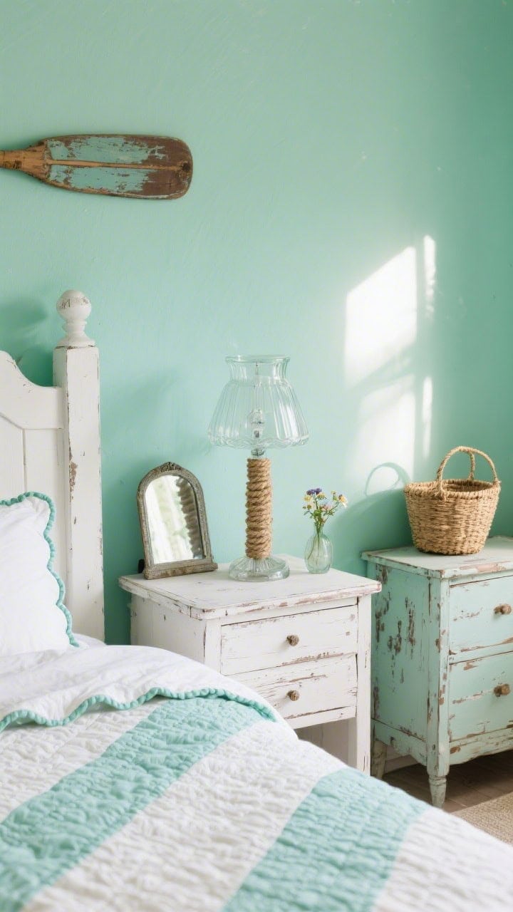 Detail closeup, angled: Mint green wall backdrop with a distressed painted wood bed in soft white, mismatched vintage nightstands showing gentle wear, scalloped-edge white-and-mint quilt texture in focus, clear glass lamp with rope-wrapped base on a nightstand, small vintage mirror leaning, woven basket tucked below, tiny floral bud vase adding charm, a weathered oar mounted quietly in the background; sunlit, cheerful, flea-market coastal character.