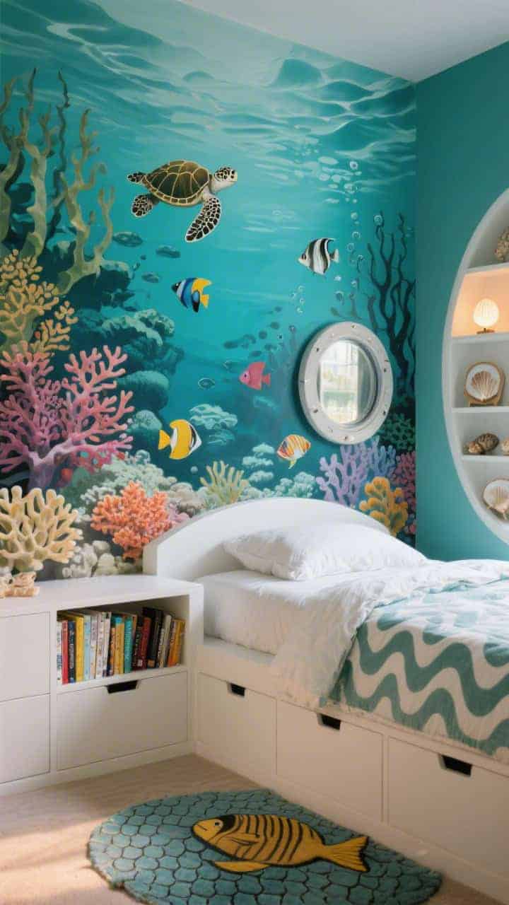 Detail closeup: Aquamarine wall with a vibrant reef mural showing coral, sea turtles, and colorful fish; foreground features a white storage bed edge with built-in drawers slightly ajar holding books, and a rounded, porthole-like bookcase displaying shell shadow boxes and small sea-creature nightlight; textiles visible include a wavy-pattern duvet corner and a fish-scale rug beneath; warm, diffused light, educational yet sophisticated undersea mood, photorealistic.