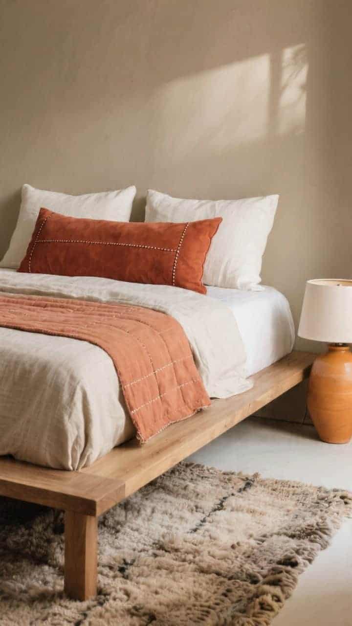 Detail closeup from the foot of an organic minimal bed: warm greige walls, solid oak platform frame, ochre ceramic lamp base peeking in, chunky wool rug texture below. Stonewashed linen bedding in flax with a clay-colored quilt layered on top. Pillow composition tight in frame: two flax Euro shams behind two ivory standards; front-and-center long terracotta lumbar with stitched detailing; single rust suede pillow for tactile contrast. Soft natural morning light highlighting textures.
