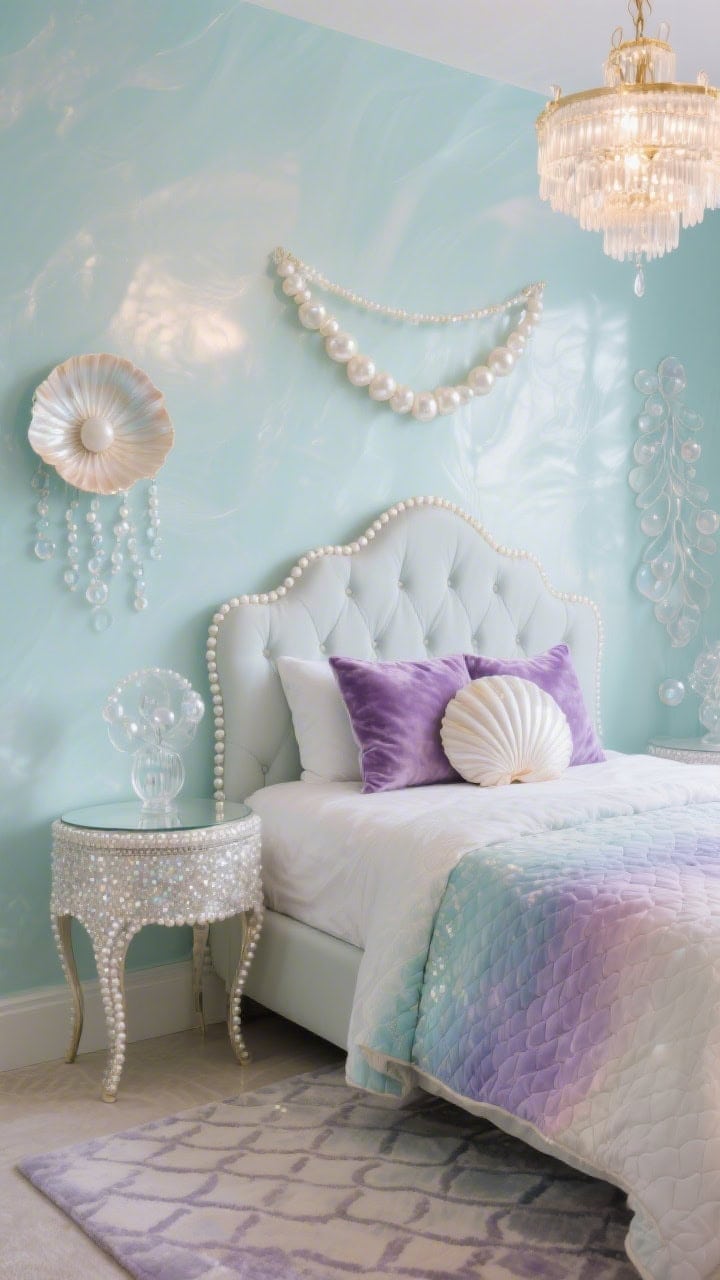 Detail closeup: Mermaid lagoon glam vignette showing a scalloped upholstered headboard set against pearlescent seafoam walls that shimmer softly, a shell chandelier overhead casting delicate highlights, a rounded pearlized nightstand catching light, on-bed textiles include an ombre quilt and a velvet shell pillow, nearby capiz wall art and a glass “bubbles” garland; hints of a scale-pattern rug below; palette seafoam, lilac, pearl white, soft gold; dreamy, tasteful sparkle under gentle ambient light, photorealistic.