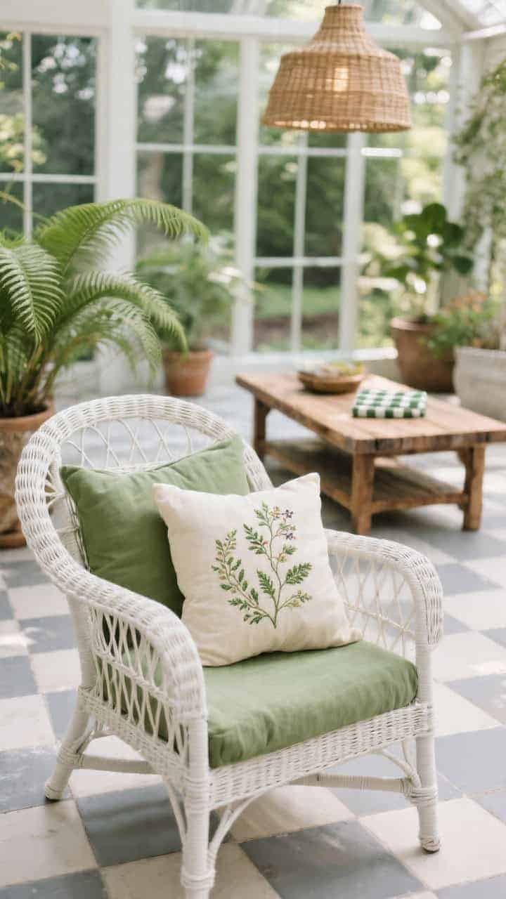 Detail closeup of a garden-fresh sunroom seating vignette: white-painted wicker chair with sage-green linen pillows, a cream botanical-embroidered cushion, and a petite gingham lumbar. In the blurred background, a butcher-block coffee table and soft gray checkerboard ceramic floor tiles. Potted ferns and a rattan pendant catch dappled daylight. Airy, greenhouse-chic feel with clear focus on linen, cotton embroidery, wicker, and ceramic textures.