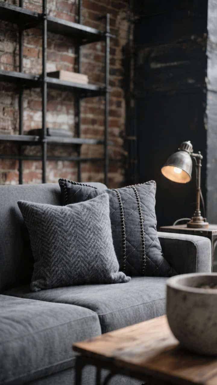 Detail closeup of charcoal industrial loft pillows on a slate-gray sofa: felted wool square, herringbone tweed, and a quilted channel lumbar with visible contrast stitching, all in charcoal tones. Background hints of exposed brick, black metal shelving, and an iron-and-wood coffee table; a concrete planter and vintage industrial floor lamp out of focus. Directional side lighting highlighting rugged textures and stitching; photorealistic.
