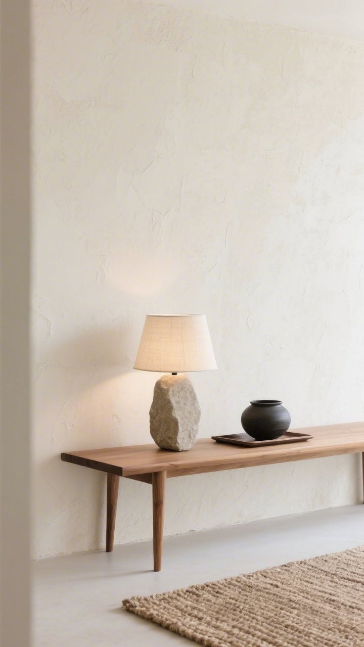 Detail closeup of Japandi textures: soft plaster-look (limewashed) wall in putty tones as backdrop, edge of a low oak console with thin legs, sculptural stone lamp glowing like a lantern, single black clay vessel and minimalist tray beside it, hint of a flatwoven natural rug in mushroom tones at the frame’s bottom; restrained, warm-white ambient light emphasizing negative space, minimal and meditative.