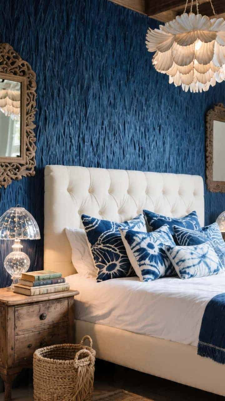 Detail closeup of layered textiles and finishes: deep indigo grasscloth wall behind a cream performance-linen upholstered headboard. Pile of batik and shibori pillows in varied indigo patterns on crisp bedding. Edge of an antique pine dresser with mercury glass lamp reflecting a subtle sea-sprayed shimmer. Overhead, a glimpse of a capiz shell chandelier catching light. A carved mirror frame and a woven seagrass hamper at the periphery; a small stack of weathered travel books on the nightstand. Photorealistic, warm ambient lighting with gentle highlights.