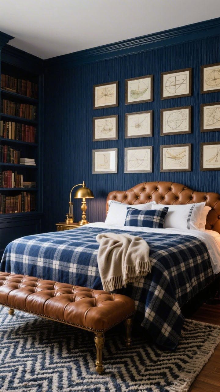 Detail-oriented medium shot evoking a maritime library: navy grasscloth walls, bed layered in navy-and-ivory plaid with a folded cashmere throw; antique brass reading lamps casting a warm glow, framed nautical charts arranged in a tidy grid; tufted leather bench at the foot of the bed, herringbone wool rug peeking into frame; colors of navy, cognac leather, brass, with a clubby, impeccably neat mood.
