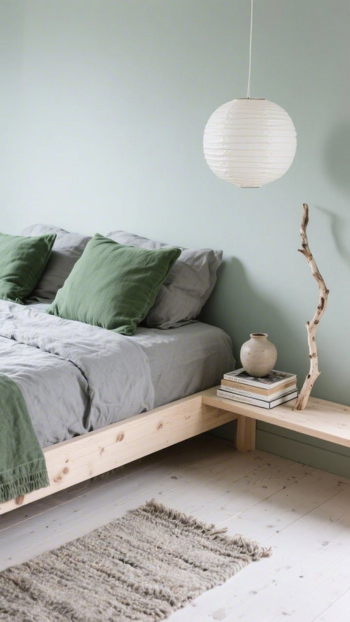 Detail overhead/45° angle: Pale gray-green wall tone suggested in background, birch wood bed edge with clean lines, stone-colored linen duvet neatly arranged, moss-green throw pillows providing soft contrast, whitewashed wood floor with a nubby wool runner partially visible, paper lantern pendant softly diffusing light above (out of focus), ceramic vessel and stacked books on a minimal bedside ledge, a single beach-found branch as decor; calm, Nordic coastal restraint.